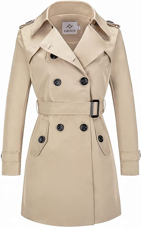 ​​​​﻿Amazon.com: FARVALUE Women's Double Breasted Trench Coat Water Resistant Classic Belted Lapel Overcoat Khaki, Medium : Clothing, Shoes & Jewelry Trench Coats Women Long, Timeless Fashion Pieces, Beige Trench Coat, Hooded Trench Coat, Windproof Jacket, Classic Trench Coat, Double Breasted Trench Coat, Long Trench Coat, Brown Skirts