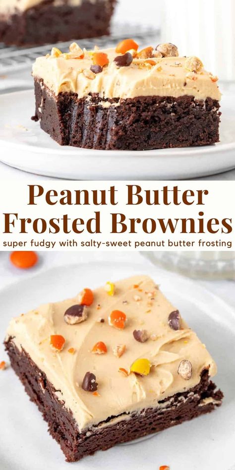 These peanut butter frosted brownies have the perfect combo of chocolate and peanut butter. The brownies are moist and chewy with a delicious chocolate flavor, and the peanut butter frosting is salty, sweet and super creamy. Top them with a few Reese's Pieces or peanut butter cups. #peanutbutterfrosting #brownies #chocolatebrownies #peanutbutter #peanutbutterfrostingforbrownies #fudgebrownies from Just So Tasty Reeses Pieces Brownies Recipe, Frosting Recipes For Brownies, Pb Frosting Recipe, Peanut Butter Brownie Cake, Peanut Butter Icing For Brownies, Peanut Butter Baking Recipes, Brown Butter Brownies Recipe, Reeces Brownie Recipes, Reeses Pieces Dessert Recipes