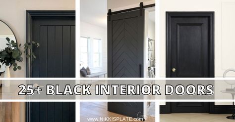 Black Sliding Glass Door Interior, Black Hallway Doors White Trim, Interior Black Doors With Black Trim, Black Entryway Door Interior, Door Knobs For Black Doors, House With Black Interior Doors, Black Stained Interior Doors, Black Interior Doors With Black Hardware, Homes With Black Interior Doors