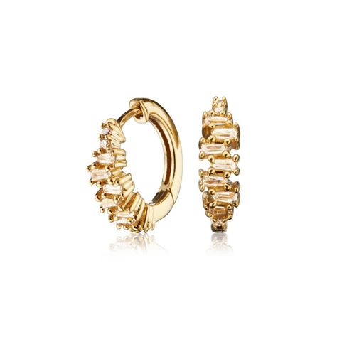 Small Gold Stacked Baguette Diamond Style Huggie Hoop Earrings | Lily & Roo | Wolf & Badger Cluster Earring, Layered Pearl Necklace, Classy Jewelry, Gold Earrings Designs, Special Jewelry, Diamond Hoop Earrings, Huggie Hoop Earrings, Diamond Fashion, Baguette Diamond