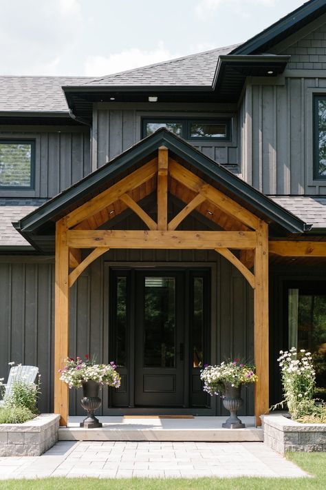 The Forest Ridge Home — KAJ Cabin Front Door, Exterior Entryway Ideas, Porch Gable, Landscaping Around Trees, Inspiring Outdoor Spaces, Modern Lake House, Front Door Entrance, Brick Exterior House, Lodge Style