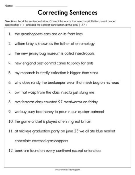 Capitalization - Have Fun Teaching Correct The Sentence Worksheet, Punctuation Worksheets Grade 4, Sentence Correction Worksheets, Capitalization Worksheets, 7th Grade Writing, Sentences Worksheet, Punctuation Worksheets, Run On Sentences, Sentence Correction