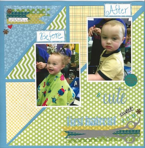 First Birthday Scrapbook Layouts, First Haircut Scrapbook Layout, 1st Birthday Scrapbook Layouts, Toddler Scrapbook Ideas, Toddler Scrapbook Layouts, Toddler Scrapbook, Baby Boy Scrapbook Layouts, Birthday Scrapbook Layouts, Birthday Scrapbook Pages