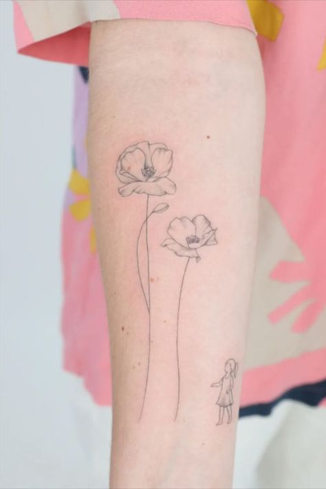 Fine line tattoo of two flowers and a little girl. Tattoo is created by New York-based fine line tattoo specialist JK Kim Faded Tattoo, Cursive Tattoos, Single Line Tattoo, Single Needle Tattoo, Elements Tattoo, Petite Tattoos, Fine Line Tattoo, Healing Tattoo, Wrist Tattoos For Women