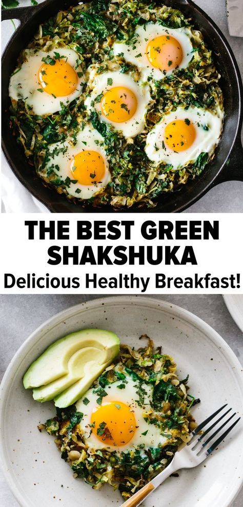 Breakfast Shakshuka, Green Shakshuka, Spinach Healthy, Shakshuka Recipe, Shaved Brussel Sprouts, Shakshuka Recipes, Yummy Healthy Breakfast, Whole 30 Breakfast, Healthy Breakfast Smoothies