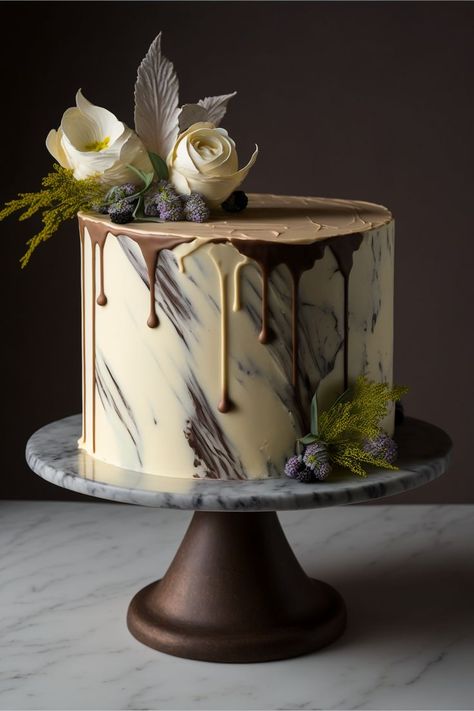 A one-tiered minimalist marble cake with a marbled effect on the buttercream frosting. Perfect for a modern and elegant wedding Wedding Cakes One Tier, Vanilla And Chocolate Cake, Cake With Layers, One Tier Cake, Chocolate Marble Cake, Cake Design For Men, Two Tier Cake, Simple Cake Designs, Chocolate Cake Decoration