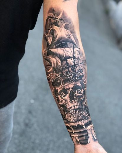 30+ Eye-Catching Half Sleeve Tattoos Ideas For Guys Pirate Tattoo Sleeve, Kurt Tattoo, Tattoos Arm Mann, Ship Tattoo Sleeves, Hai Tattoo, Nautical Tattoo Sleeve, Pirate Ship Tattoo, Wörter Tattoos, Poseidon Tattoo