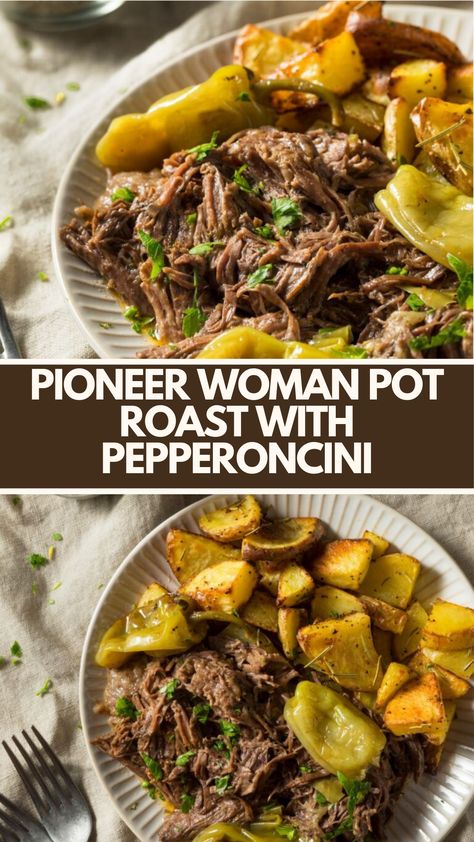 Pioneer Woman’s Pot Roast With Pepperoncini Recipe is a savory dish made with chuck roast, ranch dressing, au jus gravy mix, butter, and pepperoncini cooked for 8 hours to perfection in a slow cooker. Pot Roast Pepperoncini, Pepperchini Roast, Pot Roast With Pepperoncini, Pot Roast Pioneer Woman, Pioneer Woman Pot Roast, Pepperoncini Roast Slow Cooker, Roast With Pepperoncini, Pioneer Woman Recipes Dinner, Pioneer Kitchen