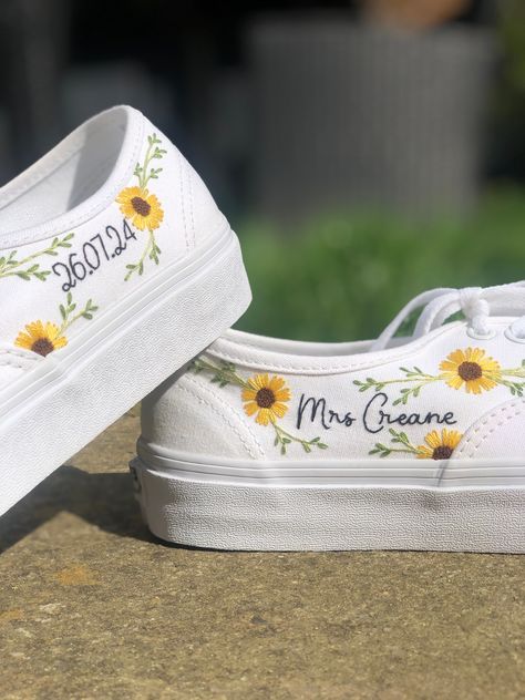 White Vans Authentic, Embroidered Wedding Shoes, Wedding Vans, Embroidered Vans, Customised Vans, Sunflower Vans, Vans Authentic Shoes, White High Top Converse, Embroidered Converse