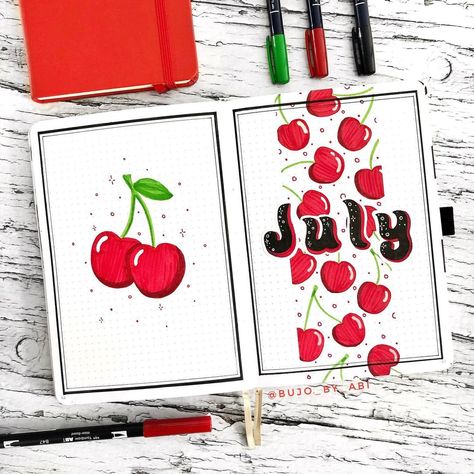 ✨Abi Jey✨ | July cover page!!🍒🍒🍒 Inspired by @macchiatoclouds - - - - #bujo #bulletjournal #bujoideas #bujoinspiration #planner #planneraddict… | Instagram July Cover Page, Bullet Journal Work, Bullet Journal Ideas Templates, Creating A Bullet Journal, Bullet Journal Cover Ideas, Bullet Journal Paper, Bulletin Journal Ideas, Bullet Journal Aesthetic, Bullet Journal Diy