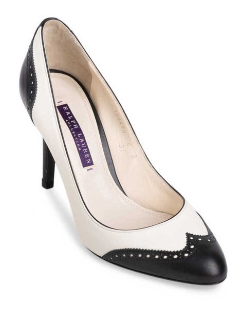 Ralph Lauren Petra Wingtip Pumps in Black/WhiteThe classic two-tone Petra Wingtip Pumps is both elegant and feminine. Handsomely crafted with a cream coloured leather upper, the Petra is accented with black contrasting overlays, perforated detail and scalloped trim. The low-cut vamp and pointy toe flatter the foot, while the mid-high stiletto heel lends manageable and stylish height. Purchase Worn by Princess Marie on:11 June 2009 Black And White Heels, Scalloped Trim, Stiletto Heel, Low Cut, Cream Color, Stiletto Heels, Two Tone, Leather Upper, Ralph Lauren