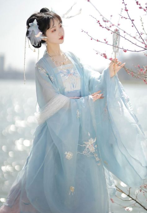 Check out our Spring Collection. More than 22 designs launched now! Hanfu Design, Blue Hanfu, Traditional Vietnamese Clothing, Chinese Fancy Dress, Asian Style Dress, Bust Dress, Chinese Style Dress, Blue Kimono, Hanfu Dress