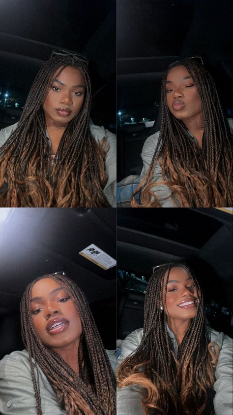 4 photos of black girl with brown French curl braids Braids Ombre Black Women, Brown Ombré Braids, Maple Brown Box Braids, Box Braids Hairstyles Ombre, Ombré French Curl Braids, Medium Size French Curl Braids, Mid Back French Curl Braids, Black Ombre Box Braids, Box Braids Ombre Hair