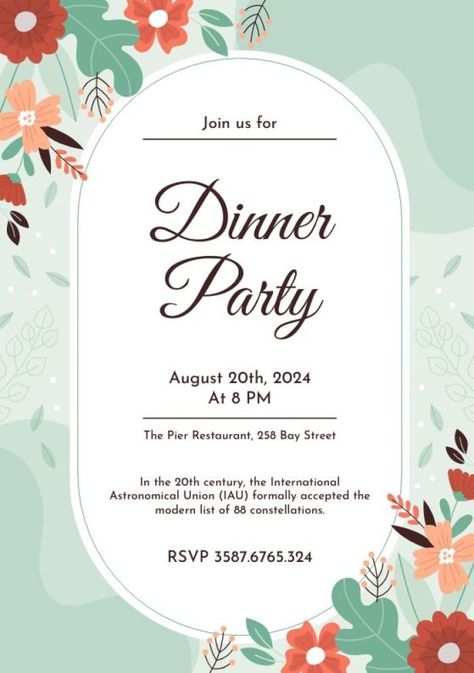 Elegant Floral Dinner Party Invitation Invitation Dinner Party, Dinner Invitation Card Design, Dinner Party Invitations Template, Floral Dinner Party, Dinner Invitation Design, Invitation Examples, Dinner Party Invitations, Email Invitation, Elegant Dinner Party