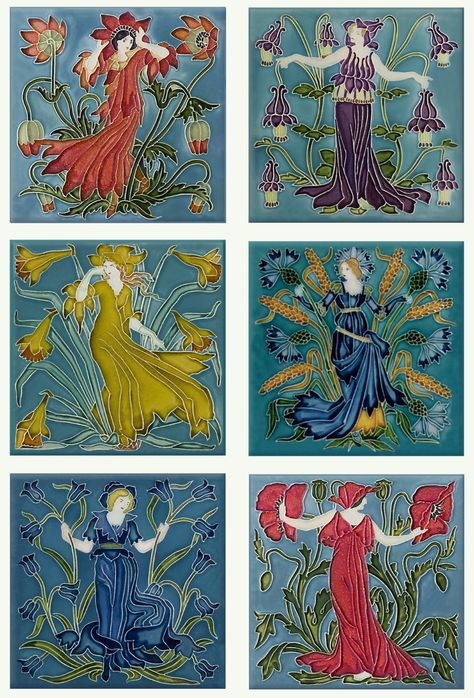 Arts And Crafts Movement Pottery, Medieval Tiles, Pre Raphaelites, Arts And Crafts Tiles, Crane Art, Flower Tiles, Nouveau Flowers, Pre Raphaelite Art, Walter Crane