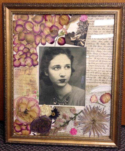 I had this idea to make a photo matte look like a scrapbook page to honor my grandmother who recently passed away. It has the pressed flowers from her spray, a feather and photo from the doves released at the funeral and a section of her funeral program and more. This is the finished product. Dried Flowers Diy, Memorial Ideas, Memory Frame, Memory Crafts, Memorial Flowers, Sympathy Flowers, Pressed Flower Art, After Life, My Grandmother