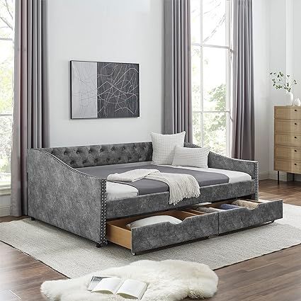 Amazon.com: Daybed with Drawers, Modern Velvet Upholstered Full Size Day Bed Button-Tufted Sofa Daybed Frame with Double Drawers, No Box Spring Needed, Furniture for Bedroom Living Room Guest Room (Grey, Full) : Home & Kitchen Full Size Day Bed, Furniture For Bedroom, Full Daybed, Button Tufted Sofa, Full Size Daybed, Daybed Frame, Sofa Daybed, Living Room Guest Room, Tufted Furniture