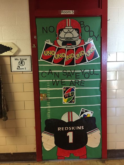 Card games door decorations competition uno door Hoco Door Ideas, School Pride Door Decorations, Door Decorations Classroom Homecoming, Uno Door Decorations, Football Door Decorations For School, Hoco Door Decorating Football, Spirit Week Door Decorations, School Spirit Door Decorating Contest, Board Games Door Decorations