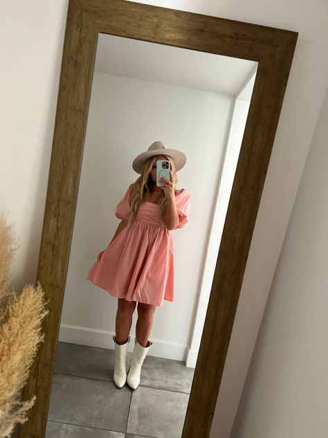 Pink Dress Cowboy Boots Outfit, Pink Dress White Cowboy Boots, Pink Dress With Cowgirl Boots, Boho Desert Outfit, Pink Dress Cowgirl Boots, Pink Dress Cowboy Boots, Pink Boho Outfits, Pink Dress And White Boots, Pink Dress With Cowboy Boots