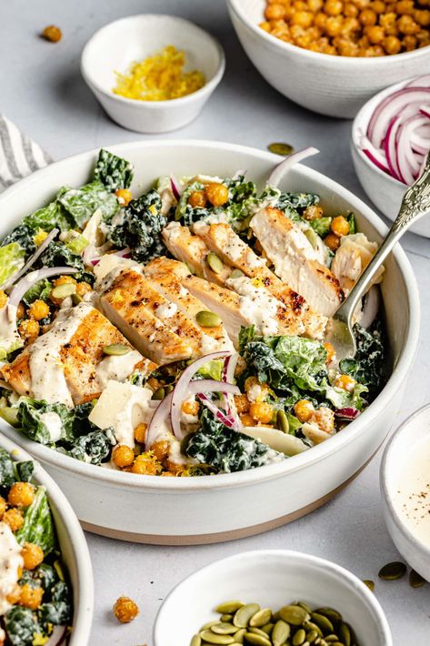 Kale Chicken Caesar Pasta Salad, Kale Cesar Salad, Tahini Caesar Dressing, All The Healthy Things, Balanced Recipes, Salmon With Avocado Salsa, Chicken Kale, Kale Caesar, The Perfect Salad