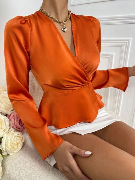 Silk Top Designs, Chilanga Mulilo, Silk Peplum Top, V Neck Peplum Top, Peplum Wrap Top, Satin Tops, Dolly Fashion, Silk Tops, Orange Outfit