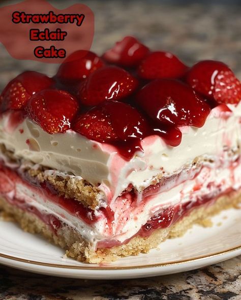 Lisa in the Kitchen Strawberry Eclair Cake, Eclair Cake No Bake, Eclair Cakes, No Bake Chocolate Eclair Cake, Strawberry Eclair, Refrigerator Desserts, Cheesy Snacks, Eclair Dessert, Cake No Bake