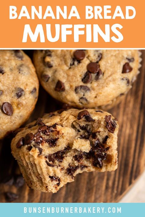 Chocolate Chip Banana Bread Muffins: This easy, one bowl, mix by hand recipe yields super moist muffins, reminiscent of your favorite banana bread. Plus adaptations to make them whole wheat, low sugar, or vegan! Chocolate Chip Banana Bread Muffins, Moist Muffins, Banana Bread Muffins, Bread Muffins, Chocolate Chip Banana, Banana Chocolate Chip Muffins, Chocolate Chip Banana Bread, Healthy Muffins, Chocolate Chip Muffins