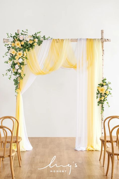 Elevate your event with our stunning Flower Arch Decor with Drapes in Lemonade Yellow by Ling's Moment. Perfect for weddings, special occasions, or just to make your entrance extravagant. Get ready for endless compliments and a memorable experience for all your guests! Mint Green And Yellow Wedding, Floral Columns Wedding, Yellow Wedding Arch, Pale Yellow Wedding Theme, Archway Decorations, Yellow Theme Wedding, Lavender And Yellow Wedding, Golden Wedding Decor, Flower Arch Decor