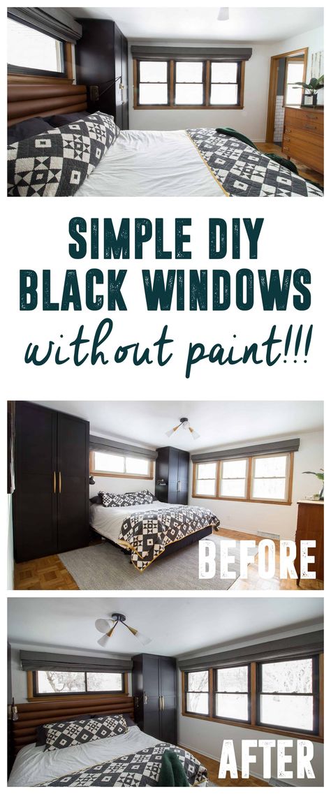 DIY Black Windows without painting or replacing! - Bright Green Door Painting Inside Window Trim Black, Black Tape Window Hack, Diy Window Upgrade, Can You Paint Vinyl Windows, Painting Vinyl Windows Black, Painted Black Window Frames, Painting Window Trim Black, Paint Window Trim Black, Painting Window Frames Black