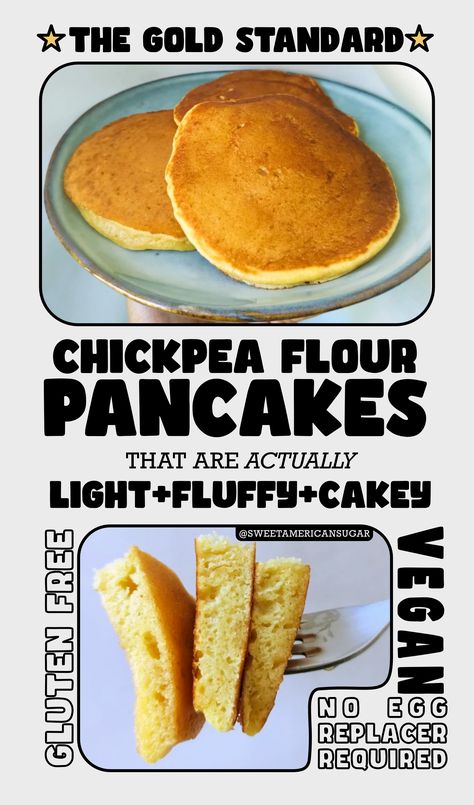 A chickpea flour pancake recipe that is vegan and gluten free and doesn't require egg replacers. We Cook Vegan, Vegan Breakfast Skillet Recipes, Just Egg Vegan Recipes, Chickpeas Pancakes, Chickpea Flour Cake, Chickpea Eggs, Chickpea Pancakes Vegan, Raw Vegan Breakfast, Vegan Gluten Free Pancakes