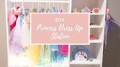 DIY Princess Dress Up Station Princess Dress Storage Diy, Diy Girls Dress Up Station, Girls Dress Up Station, Princess Dress Up Station, Diy Dress Up Station, Dress Up Clothes Storage, Dress Up Stations, Dress Up Closet, Dress Up Storage