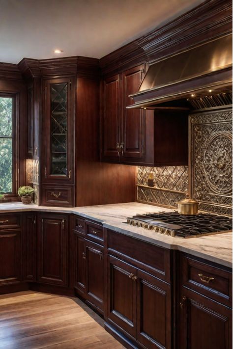 A cozy traditional kitchen with custom cabinetry, warm wood tones, and classic architectural details. Old Kitchen Style, Old New Kitchen, Mahogany Interior Design, Traditional American Interior, Mahagony Kitchen Cabinets, Red Mahogany Kitchen Cabinets, Mahogany Cabinets Kitchen, 2000s House Aesthetic, Mahogany Decor