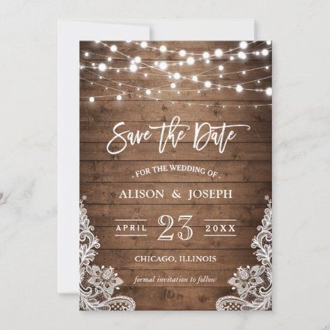 Save The Date - Twinkle Lights Rustic Wood Lace for $2.64 - Wedding Invitations Mason Jars Lights, Mason Jar String Lights, Rustic Wedding Save The Dates, Rustic Save The Dates, Rustic Mason Jars, Floral Save The Dates, Country Wedding Invitations, Sweet 16 Birthday Party, Burlap Lace