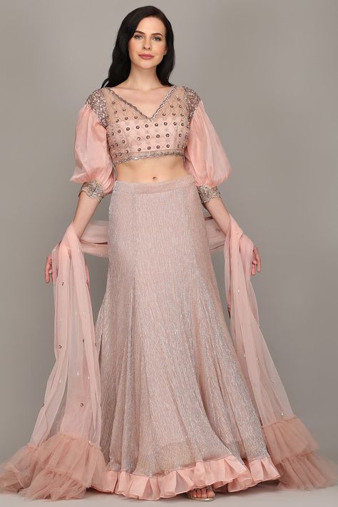 Featuring a pink lehenga in lurex lycra base with shimmer and organza frills. It is paired with matching organza blouse having thread, sequins, and crystal embroidery and a net dupatta.  FIT: Fitted at bust and waist. COMPOSITION: Organza, Net, Lurex lycra. CARE: Dry clean only. Shimmer Lehenga, Beautiful Lengha, Indian Bride Outfits, Crystal Embroidery, Organza Blouse, Pink Lehenga, New Address, Beautiful Dress Designs, Wedding Lehenga