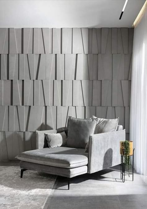 Bedroom With Tiles On Wall, Fluted Concrete Wall, Wall Pannel Ideas Interior, Concrete Walls Interior, Wall Covering Ideas, Wall Sealing, Wall Cladding Designs, Wooden Accent Wall, Concrete Wall Panels