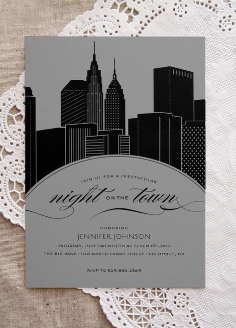 New York City Skyline Night on the Town Bachelorette Party Invitation. $1.75, via Etsy. A Night In Nyc Theme Party, New Jack City Party Theme, Nyc Sweet 16, Gossip Girl Invitation, City Party Theme, Gossip Girl Themed Party, City Themed Party, New York Theme Party, City Skyline Night