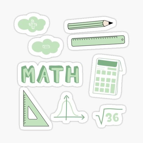 Back to school with the cutest Light Green Math subject stickers. Perfect gift for a kid, tween, teen or any age! Math text, Pencil, Ruler, Set Square, Bell Curve, Square Root,plus, minus and calculator. Perfect to decorate your books and planners. Check o • Millions of unique designs by independent artists. Find your thing. Math Subject Design, Math Lettering Design, Subject Stickers, Math Subject, School Stickers Labels, Binder Cover Templates, Math Design, Penanda Buku, School Book Covers