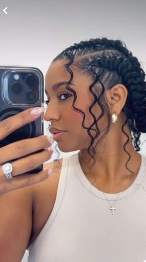 Dry Curls Hairstyles For Black Women, Two Braids Bun Hairstyle, Feedin Goddess Braids, Braid Front Hairstyles, Summer Cornrows For Black Women, Four Braids With Curls, Hairstyles For Black Women Box Braids, Braided Bun Styles For Black Women, 3 Feed In Braids