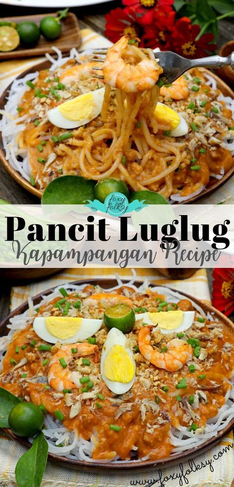 A Kapampangan version of Palabok wherein the (precooked) noodles are placed on a strainer and plunged repeatedly in hot or boiling water before dumping them on a plate (thus the name) to be smothered with the sauce and various toppings. It's delicious! | www.foxyfolksy.com #FoxyFolksyRecipes #luglug #palabok #pancit Pancit Luglug Filipino Recipes, Palabok Recipe Filipino Food, Palabok Sauce, Pancit Luglug, Pancit Palabok Recipe, Palabok Recipe, Pancit Palabok, Foxy Folksy, Fried Rice Noodles