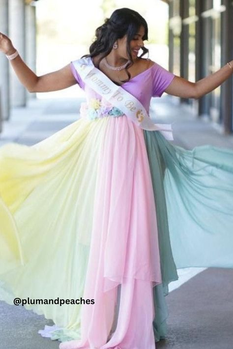 Pastel Multicolour Maternity Photoshoot Gown | Baby shower Dress | Maternity Gown Designs Rainbow Maternity Dress, Photoshoot Gown, Maternity Evening Gowns, Maternity Dress For Photoshoot, Dress For Photoshoot, Gown Designs, Maternity Dresses For Baby Shower, Baby Shower Dress, Maternity Gown