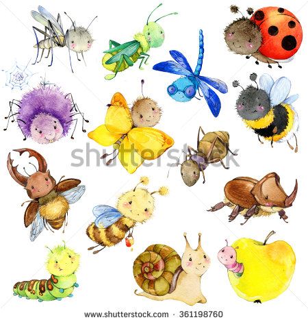 Funny insects collection. Watercolor Cartoon insect. Wasp, bee, bumblebee, butterfly, worm, caterpillar, beetle, ladybug, grasshopper, mosquito, dragonfly, spider, snail, ant. watercolor drawing Watercolor Cartoon, Animals Tattoo, Insect Collection, Watercolor Drawing, Bumble Bee, Ants, Image Illustration, Wonders Of The World, Print Images