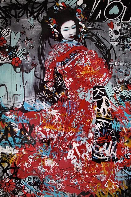 LOVELOVELOVE!!!!! Japanese Graffiti, Urbane Kunst, Foto Gif, Geisha Art, Urban Street Art, Best Street Art, Stencil Art, Street Art Graffiti, Arte Pop