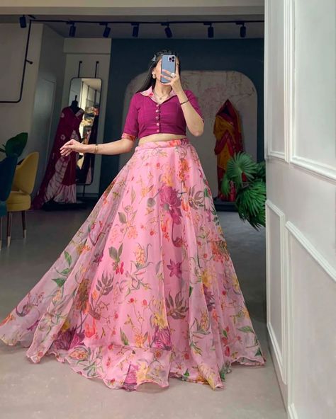 The lightweight and flowing organza co-ord set drapes gracefully, creating an effortlessly elegant silhouette that flatters every figure KT10🍁 *NNK1107LPI* *Lehenga(Stitched)* *Blouse(Stitched)* *Price : 1299 freeship* #amazingfashion #lehengacholi #fashionstyle Lengha Dress, Saree Bollywood, Alaska Fashion, Organza Lehenga, Floral Lehenga, Simple Frocks, Stitched Lehenga, Patiala Salwar, Fashion Design Dress