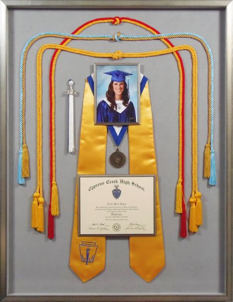 High School graduation shadowbox with diploma, sash, ropes, honor medal, tassel, and senior photo. Navy Deployment, Graduation Regalia, Graduation Cords, Diploma Display, Graduation Display, Shadow Box Graduation, Deployment Party, Graduation Party Pictures, Graduation Box