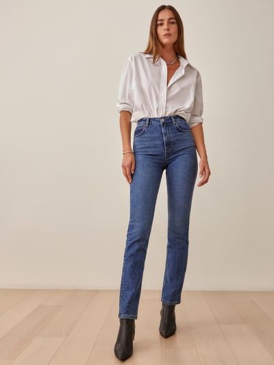 Check out the Liza Ultra High Rise Straight Jeans - Sustainable Denim from Reformation Ultra High Rise Jeans, Slim Fit Jeans Outfit Women, Straight Fit Jeans Outfit Women, High Rise Straight Jeans Outfit, Slim Straight Jeans Outfit, Slim Fit Jeans Outfit, Mid Rise Jeans Outfit, Slim Jeans Outfit, High Rise Jeans Outfit