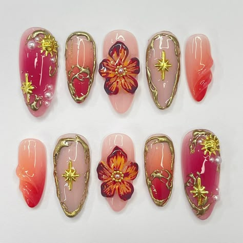 Etsy Nail Sets, 3d Autumn Nails, Nature Theme Nails, Adrianne Lenker Nails, Almond Designs Nails, Square Nail Designs Trending Now, Each Nail Different Design, Nail Designs Cherry, Thai Nails