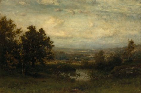 "Landscape in the Adirondacks," Alexander Helwig Wyant, ca. 1885-86, oil on canvas, 20 1/4 x 30 1/4", private collection. The Adirondacks, American Painting, Spring Painting, Lake Landscape, Landscape Drawings, Vintage Landscape, Mountain Paintings, Romantic Art, Autumn Landscape