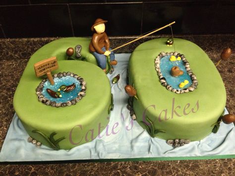 60th Birthday Fishing cake Fisherman Cake, Fishing Cake, Fishing Birthday Party, Birthday Cakes For Men, 50th Birthday Cake, Fishing Birthday, Number Cakes, Cakes For Men, Fish Cake