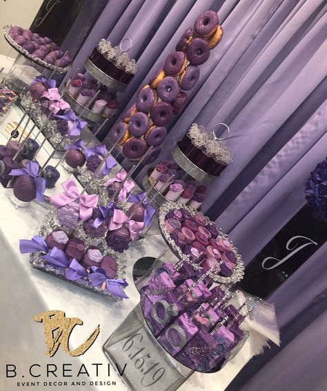 Purple Black And Gold Dessert Table, Purple Quince Dessert Table, 50 Shades Of Purple Birthday Party Ideas, Purple Party Desserts, 50 Shades Of Purple Party, Purple Food Party, Shades Of Purple Decorations, Purple And Gold Treat Table, Purple Wedding Dessert Table