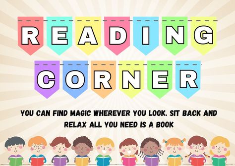 READING CORNER DESIGN Reading Corner Design, Computer Lab Lessons, Reading Corner Kids, Crafts Bookmarks, Room Signage, Alphabet Writing Practice, Decals Codes, Flower Background Design, Bee Pictures